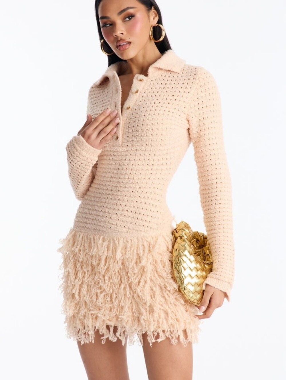 Plush Knit Fringe Hem Mini Dress - Cream